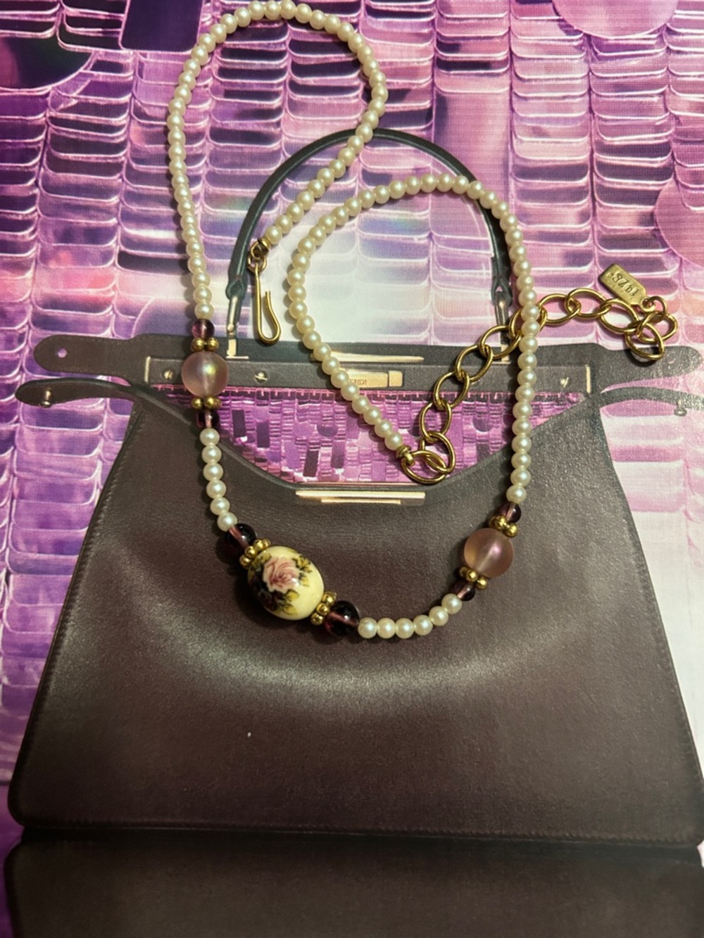 1928 Pearl Necklace with Floral Ceramic Bead and Purple Accents